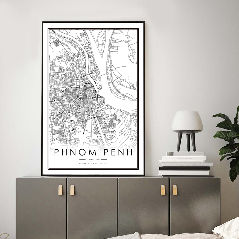 Home Office Minimalist - Plakat z mapą miasta Phnom Penh,